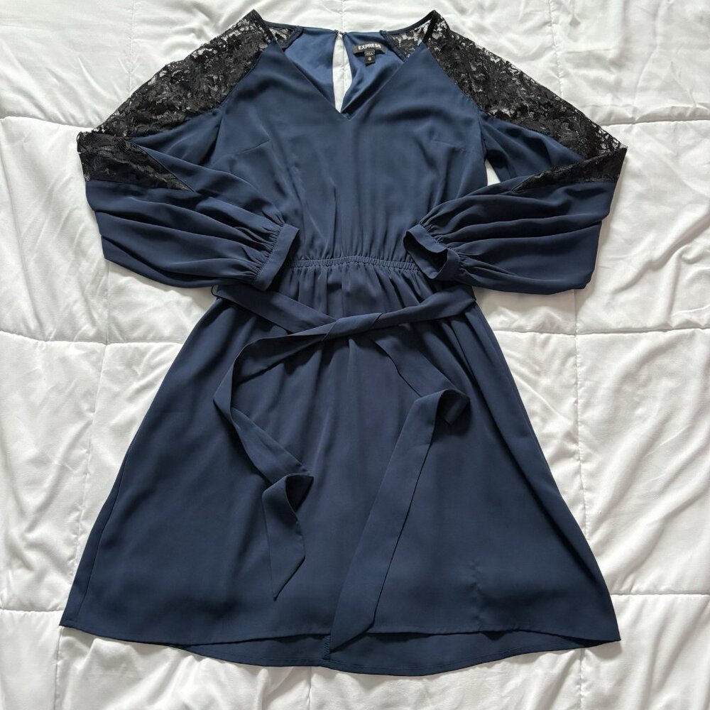 Express‎ Dress Womens Size XS Blue Midi Lace Long Sleeve Vampire Grunge Gothic